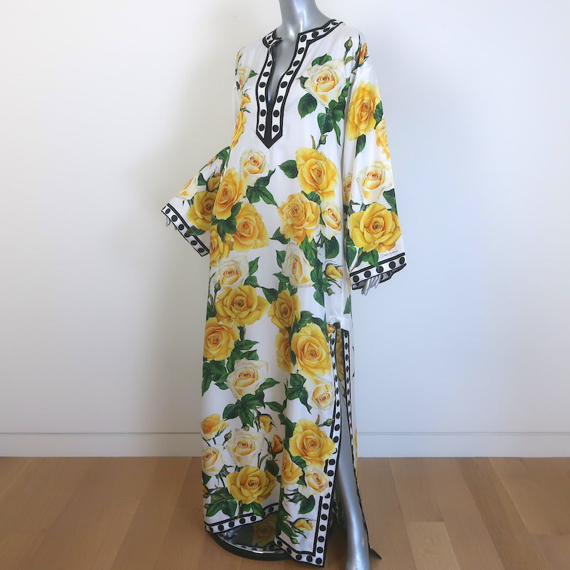 Dolce &amp; Gabbana Rose Print Kaftan Maxi Dress White/Yellow Silk Twill Size 36