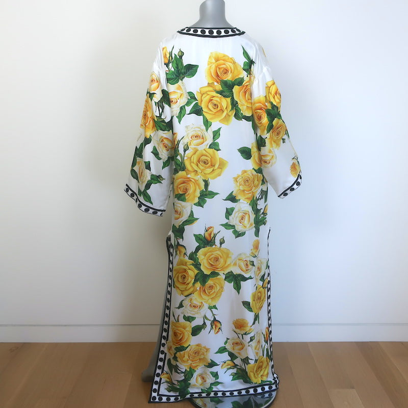 Dolce &amp; Gabbana Rose Print Kaftan Maxi Dress White/Yellow Silk Twill Size 36