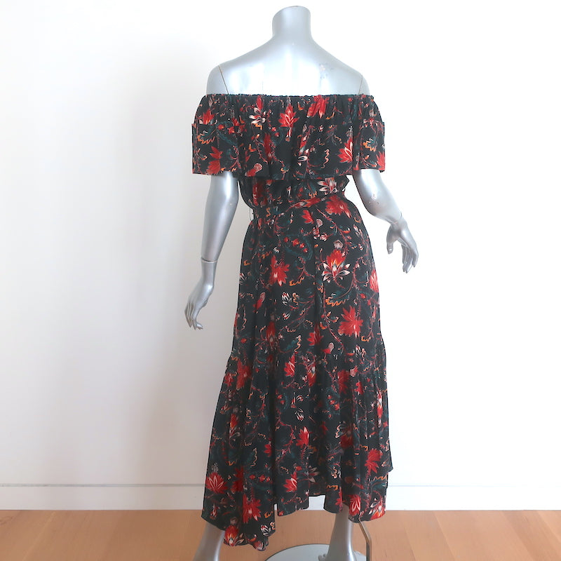 Ulla Johnson Skye Belted Off-Shoulder Midi Dress Black Floral Print Silk Size 6