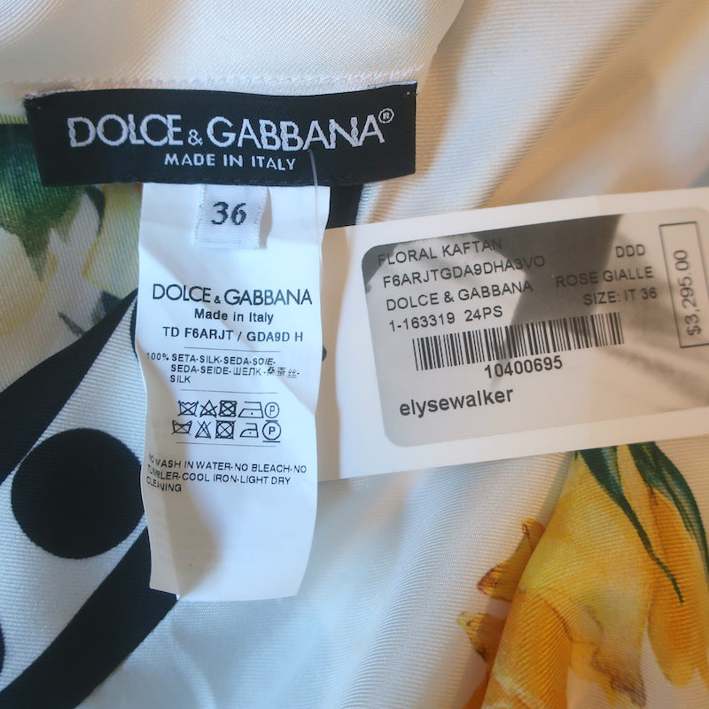 Dolce &amp; Gabbana Rose Print Kaftan Maxi Dress White/Yellow Silk Twill Size 36