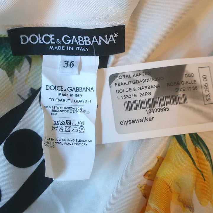 Dolce &amp; Gabbana Rose Print Kaftan Maxi Dress White/Yellow Silk Twill Size 36