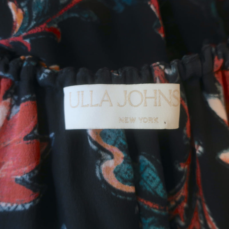 Ulla Johnson Skye Belted Off-Shoulder Midi Dress Black Floral Print Silk Size 6