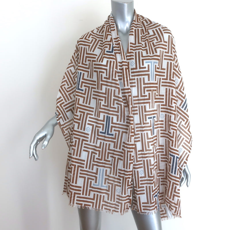 Lanvin Geometric Print Fringed Scarf White &amp; Brown Cotton