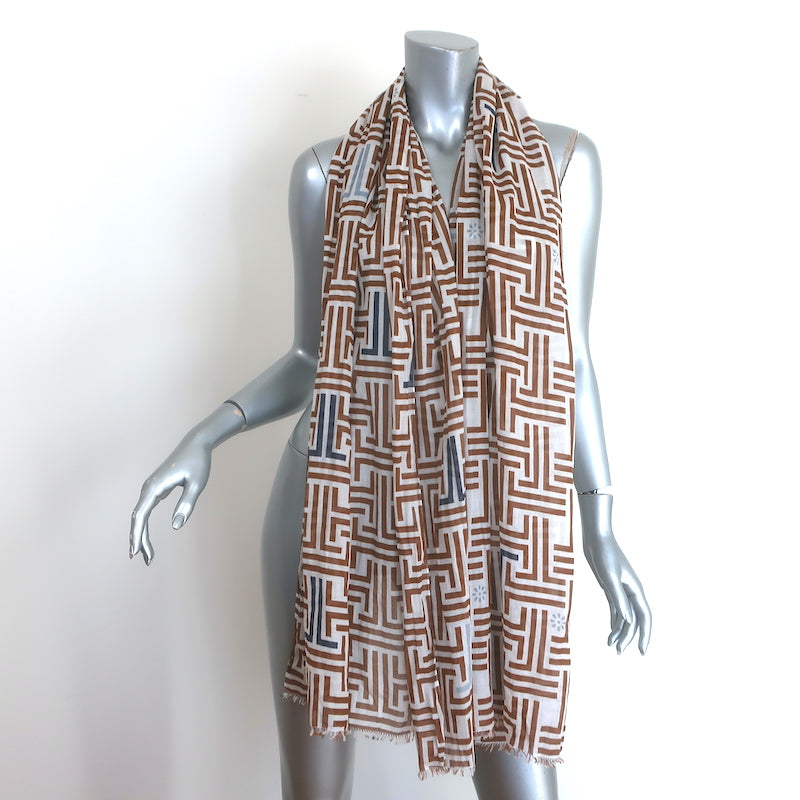 Lanvin Geometric Print Fringed Scarf White &amp; Brown Cotton