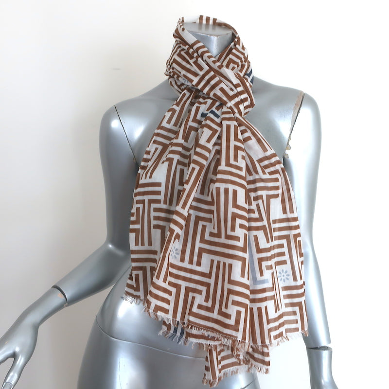 Lanvin Geometric Print Fringed Scarf White &amp; Brown Cotton