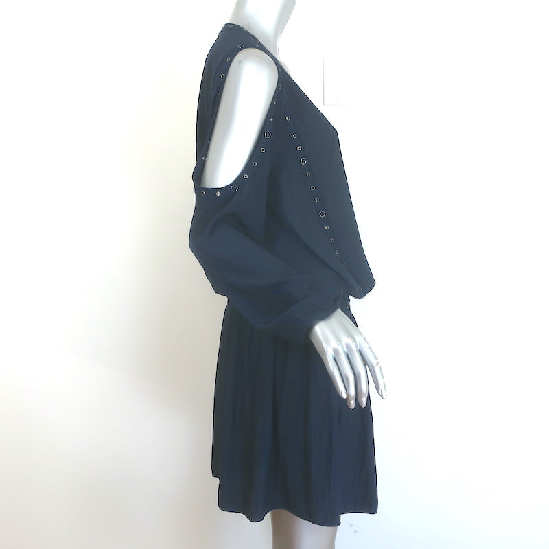 Ramy Brook navy grommet-embellished cold-shoulder mini dress, authentic pre-owned, size Medium