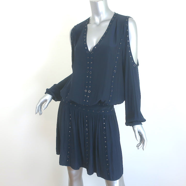 Ramy Brook Maisie grommet-embellished cold-shoulder mini dress, navy, size M — authentic pre-owned luxury