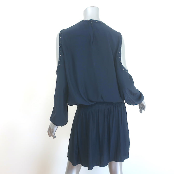 Ramy Brook cold-shoulder grommet-embellished mini dress in navy, authentic pre-owned, elegant evening-ready silhouette