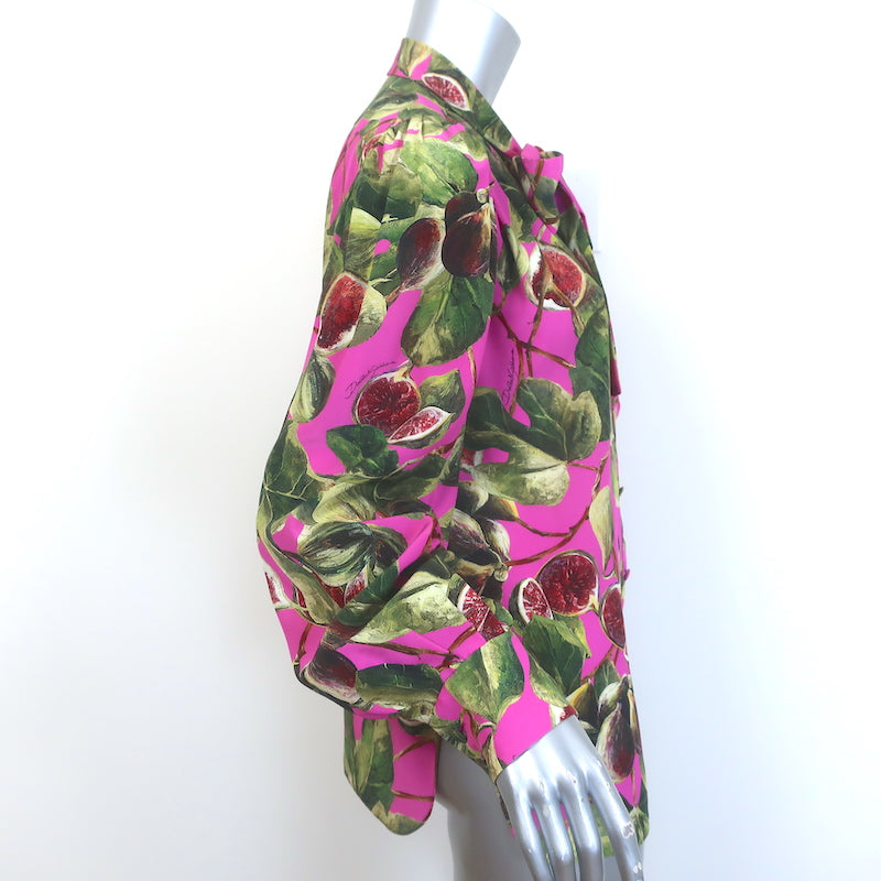Dolce &amp; Gabbana Fig Print Pussy Bow Blouse Pink Silk Size 44 Long Sleeve Top