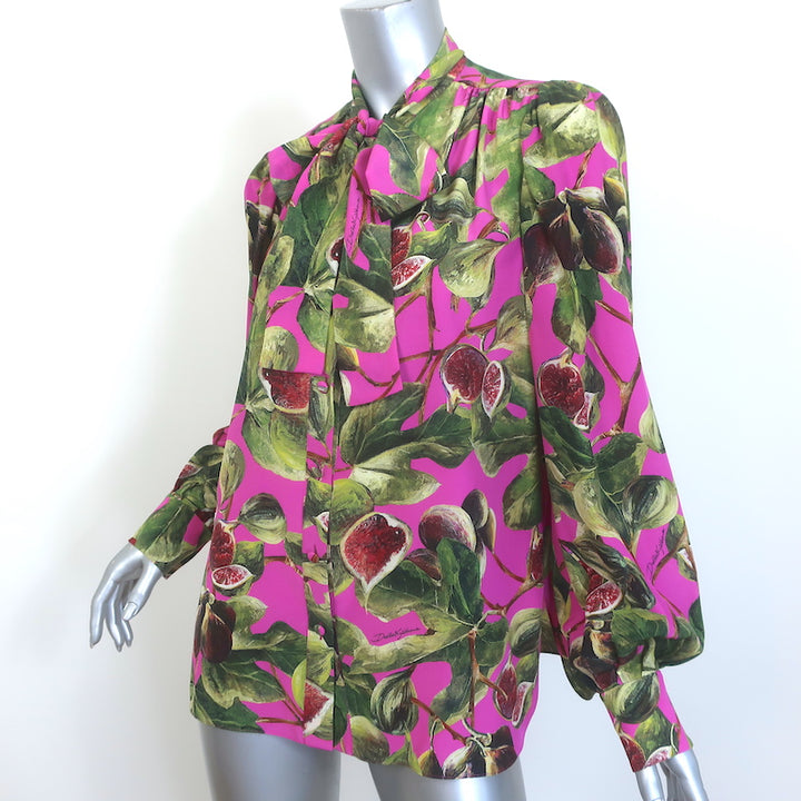 Dolce &amp; Gabbana Fig Print Pussy Bow Blouse Pink Silk Size 44 Long Sleeve Top