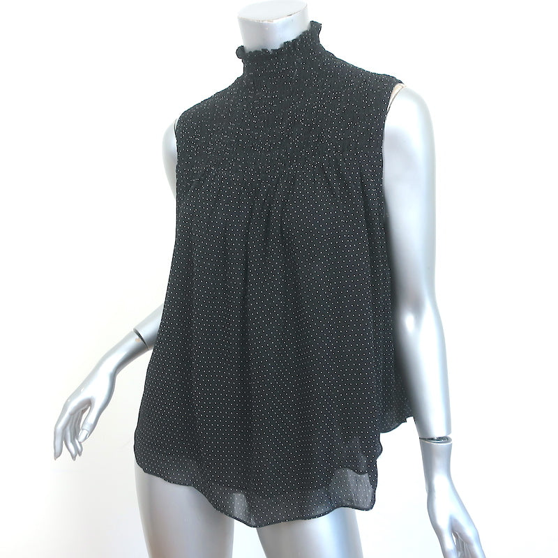 FRAME Smocked Sleeveless Blouse Black &amp; White Polka Dot Silk Size Small