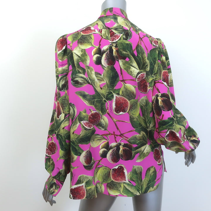 Dolce &amp; Gabbana Fig Print Pussy Bow Blouse Pink Silk Size 44 Long Sleeve Top