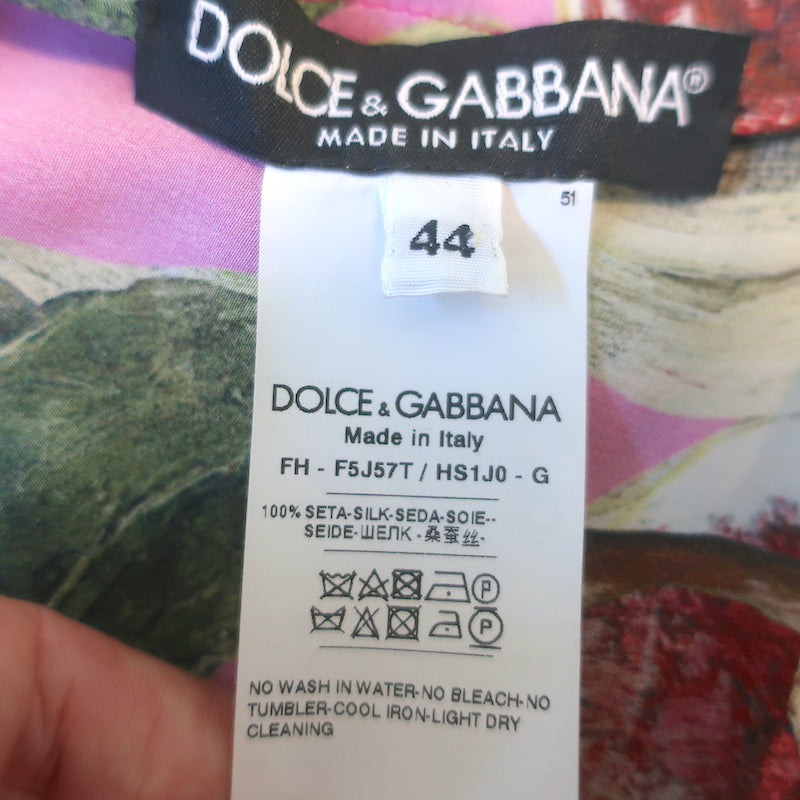 Dolce &amp; Gabbana Fig Print Pussy Bow Blouse Pink Silk Size 44 Long Sleeve Top