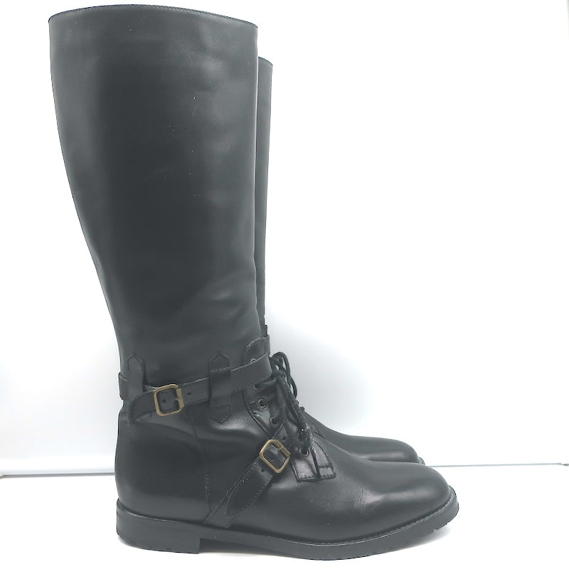 Manolo Blahnik Buckled Riding Boots Black Leather Size 38.5