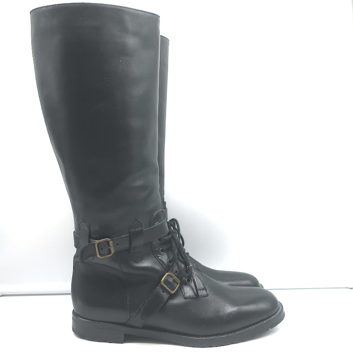 Manolo Blahnik Buckled Riding Boots Black Leather Size 38.5