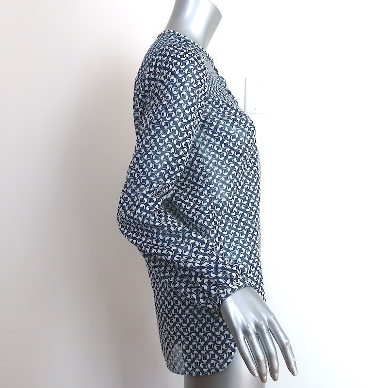 CH Carolina Herrera Blouse Navy Printed Cotton-Blend Size 2 Long Sleeve Top