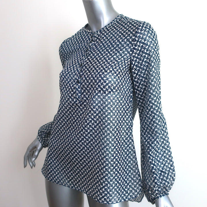 CH Carolina Herrera Blouse Navy Printed Cotton-Blend Size 2 Long Sleeve Top