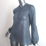 CH Carolina Herrera Blouse Navy Printed Cotton-Blend Size 2 Long Sleeve Top