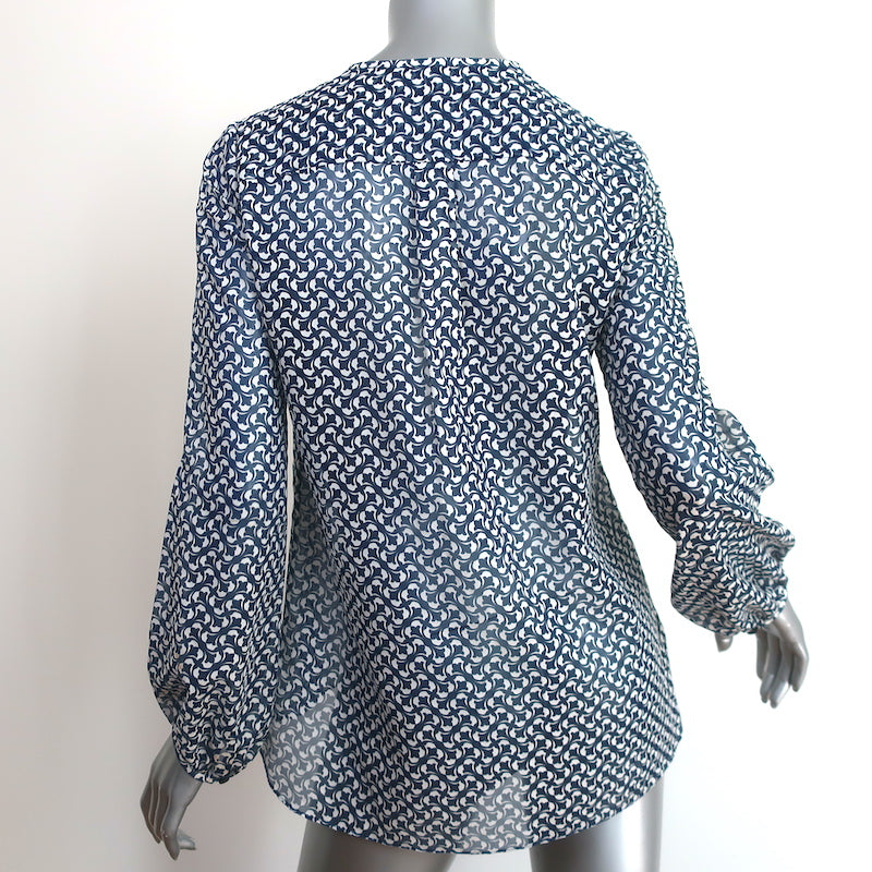 CH Carolina Herrera Blouse Navy Printed Cotton-Blend Size 2 Long Sleeve Top