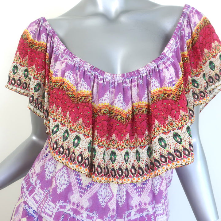 Camilla Off the Shoulder High-Low Maxi Dress Purple/Multi Printed Silk Size 2
