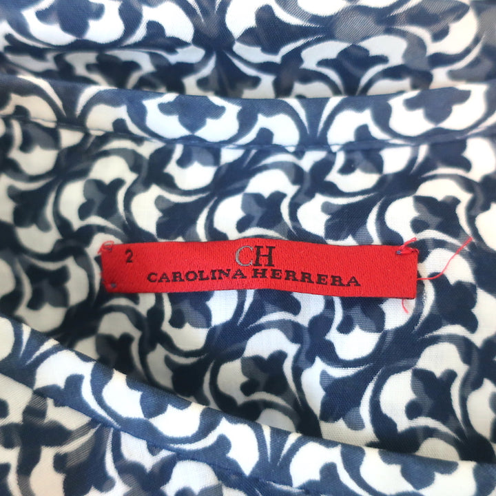 CH Carolina Herrera Blouse Navy Printed Cotton-Blend Size 2 Long Sleeve Top