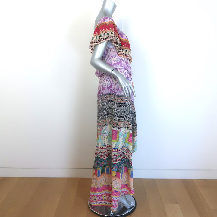 Camilla Off the Shoulder High-Low Maxi Dress Purple/Multi Printed Silk Size 2