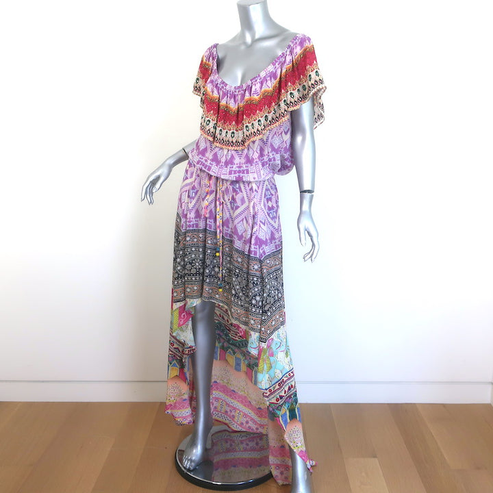 Camilla Off the Shoulder High-Low Maxi Dress Purple/Multi Printed Silk Size 2