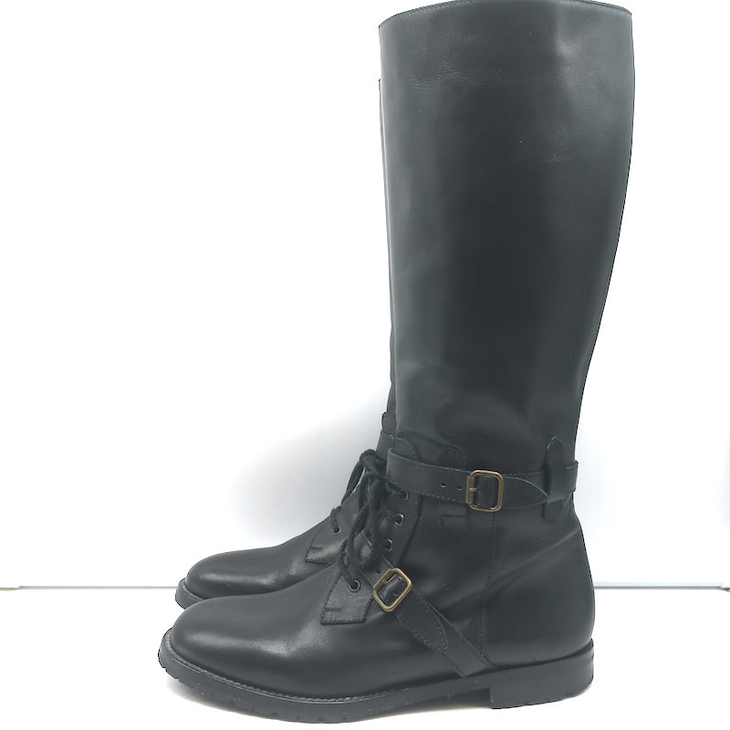 Manolo Blahnik Buckled Riding Boots Black Leather Size 38.5