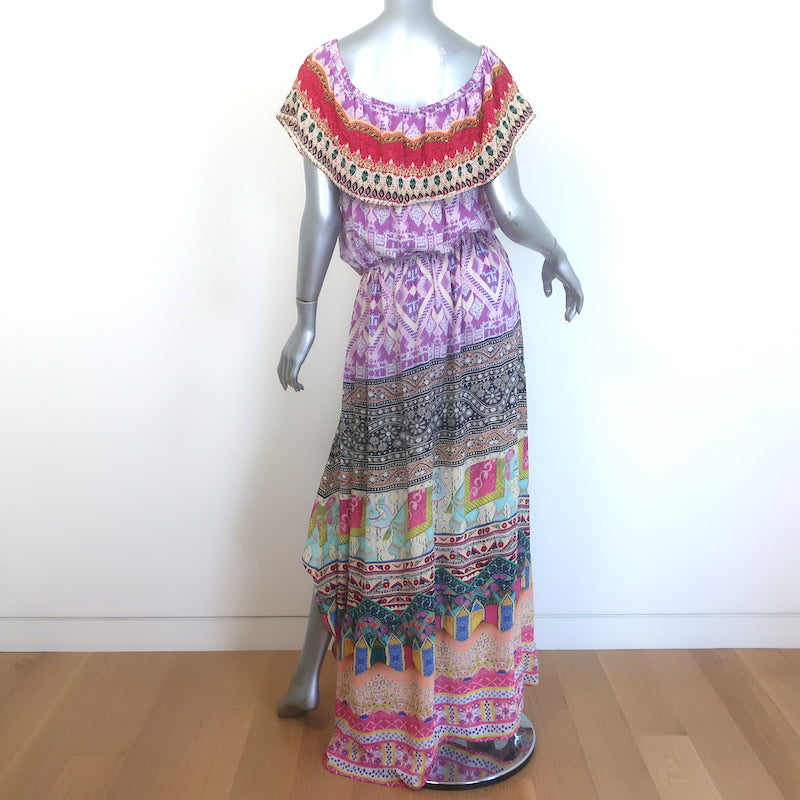 Camilla Off the Shoulder High-Low Maxi Dress Purple/Multi Printed Silk Size 2