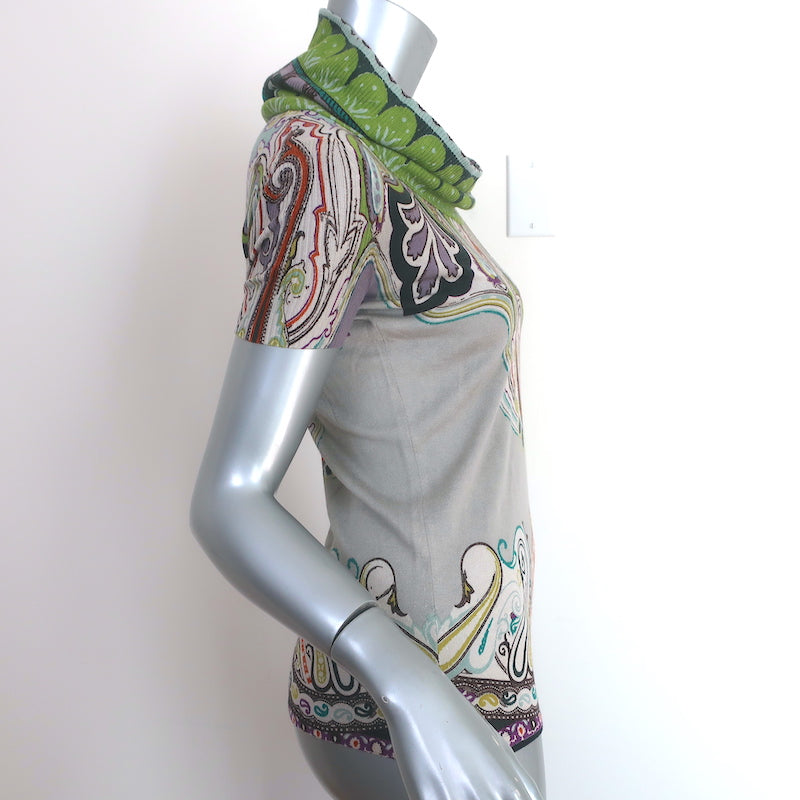 Etro Cowl Neck Short Sleeve Sweater Top Gray/Multicolor Printed Knit Size 38