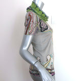 Etro Cowl Neck Short Sleeve Sweater Top Gray/Multicolor Printed Knit Size 38