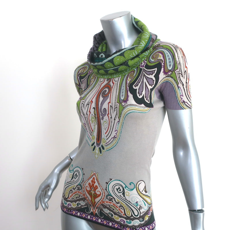 Etro Cowl Neck Short Sleeve Sweater Top Gray/Multicolor Printed Knit Size 38