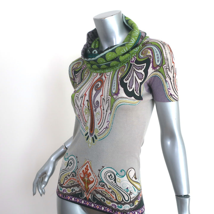 Etro Cowl Neck Short Sleeve Sweater Top Gray/Multicolor Printed Knit Size 38