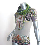 Etro Cowl Neck Short Sleeve Sweater Top Gray/Multicolor Printed Knit Size 38