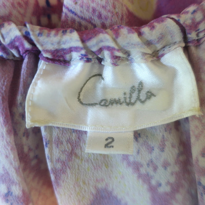 Camilla Off the Shoulder High-Low Maxi Dress Purple/Multi Printed Silk Size 2
