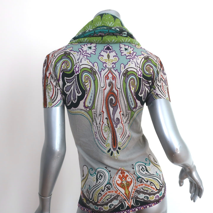 Etro Cowl Neck Short Sleeve Sweater Top Gray/Multicolor Printed Knit Size 38