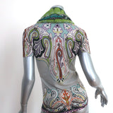 Etro Cowl Neck Short Sleeve Sweater Top Gray/Multicolor Printed Knit Size 38