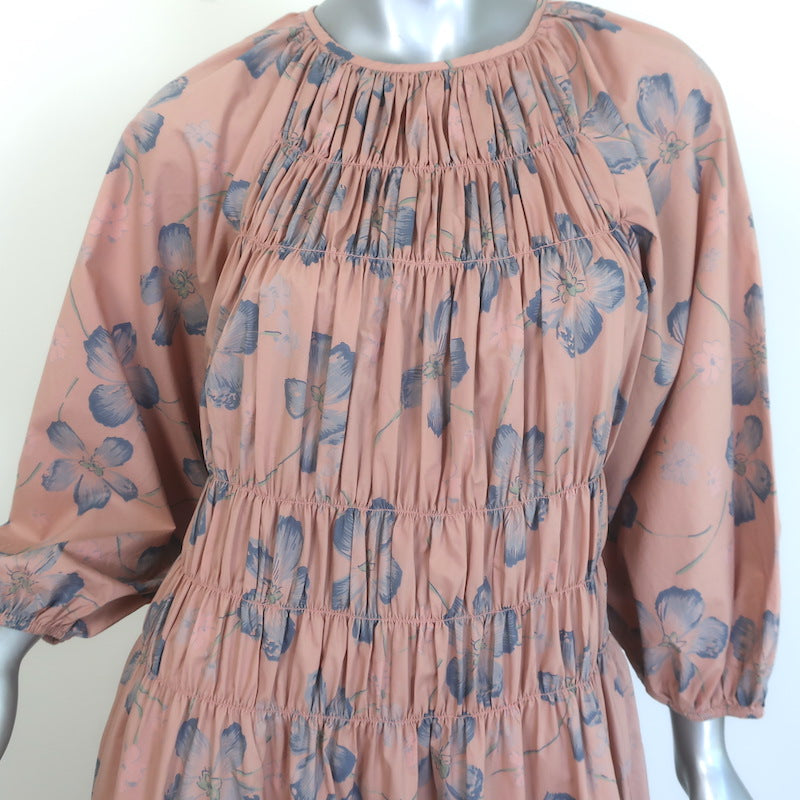 THE GREAT The Cobblestone Midi Dress Blush Floral Print Smocked Cotton Size 1