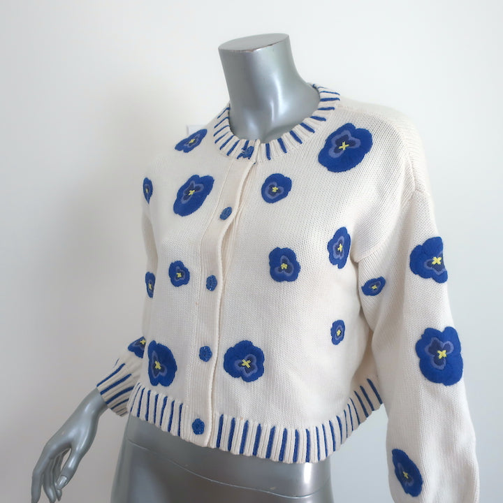 Alice + Olivia Brigid Embroidered Cropped Cardigan Cream Wool-Blend Size Medium