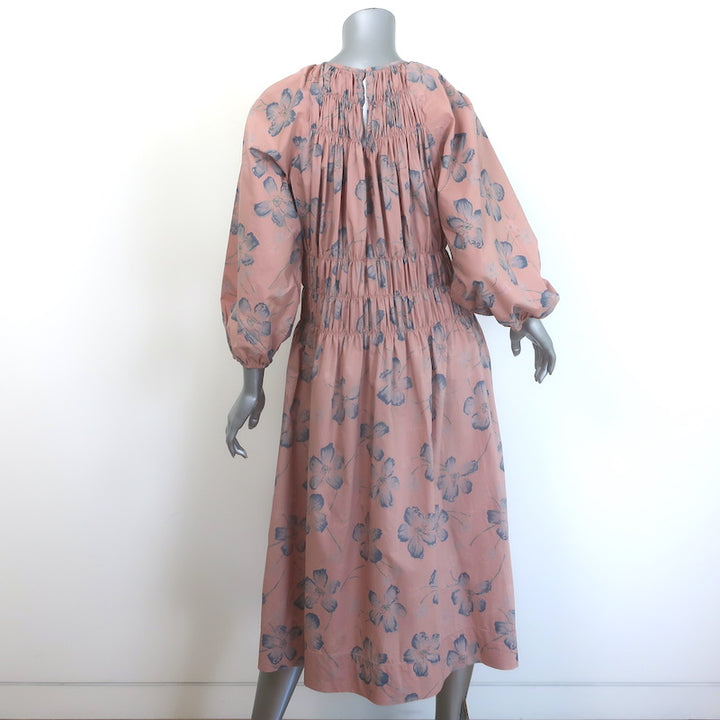 THE GREAT The Cobblestone Midi Dress Blush Floral Print Smocked Cotton Size 1