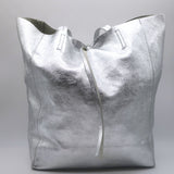 Vera Pelle Tie-Top Metallic Leather Tote Silver Large Shoulder Bag