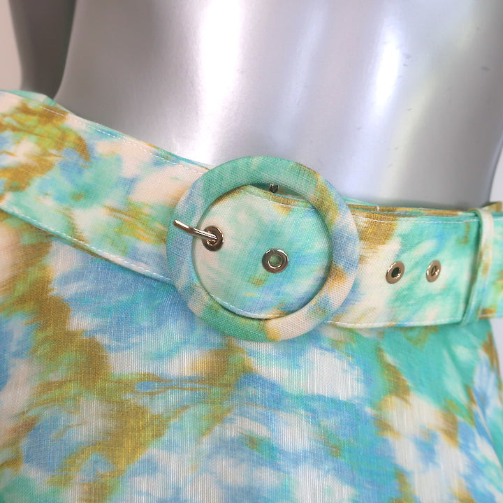 Zimmermann High Tide Floral Ikat Belted Maxi Skirt Aqua Organza Size 2 NEW