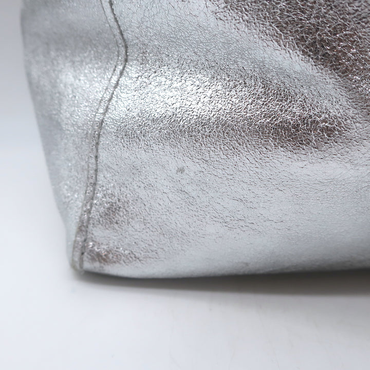 Vera Pelle Tie-Top Metallic Leather Tote Silver Large Shoulder Bag