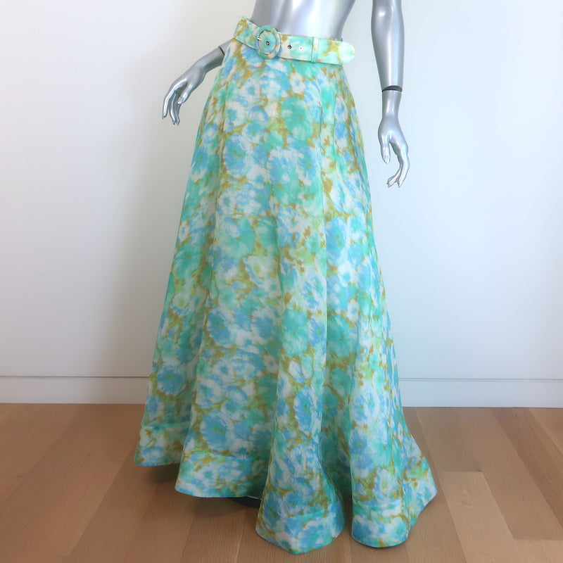 Zimmermann High Tide Floral Ikat Belted Maxi Skirt Aqua Organza Size 2 NEW