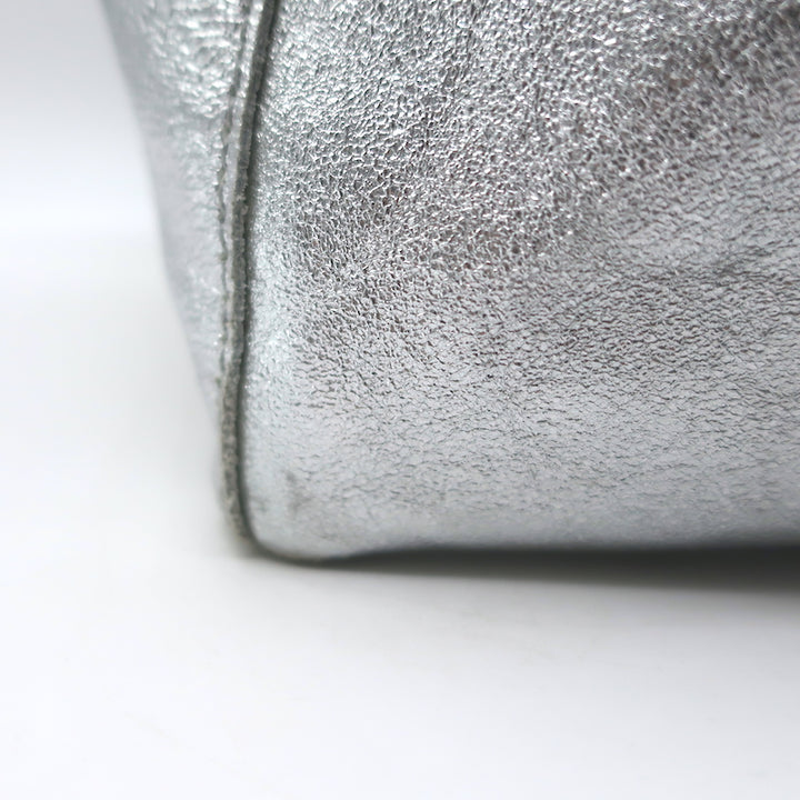 Vera Pelle Tie-Top Metallic Leather Tote Silver Large Shoulder Bag