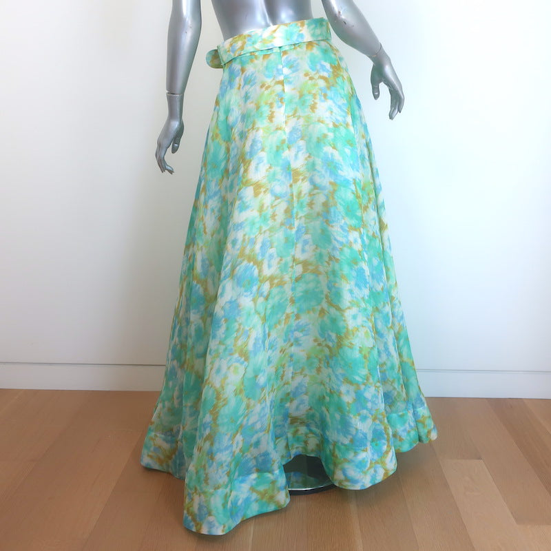 Zimmermann High Tide Floral Ikat Belted Maxi Skirt Aqua Organza Size 2 NEW