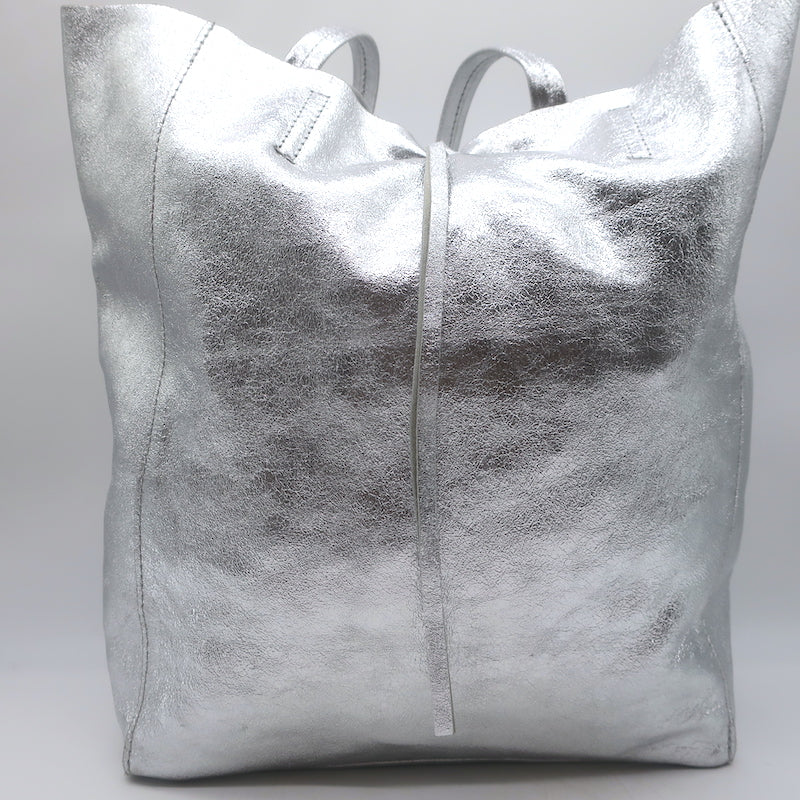 Vera Pelle Tie-Top Metallic Leather Tote Silver Large Shoulder Bag