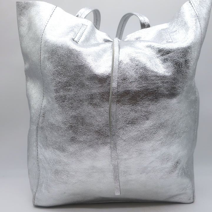Vera Pelle Tie-Top Metallic Leather Tote Silver Large Shoulder Bag