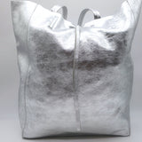 Vera Pelle Tie-Top Metallic Leather Tote Silver Large Shoulder Bag