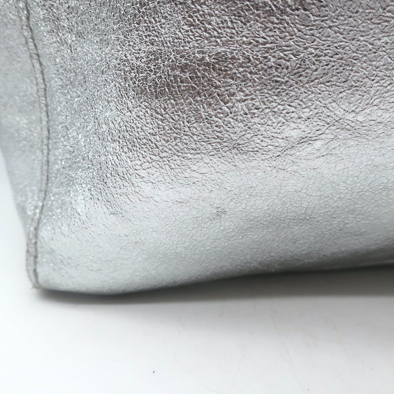 Vera Pelle Tie-Top Metallic Leather Tote Silver Large Shoulder Bag